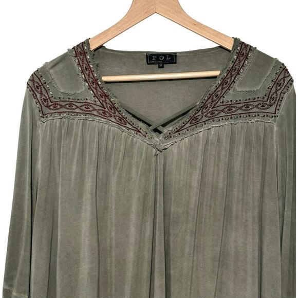 POL Gray/Green Embroidered Long Sleeve Oversized Tunic Top (M) - Picture 3 of 15